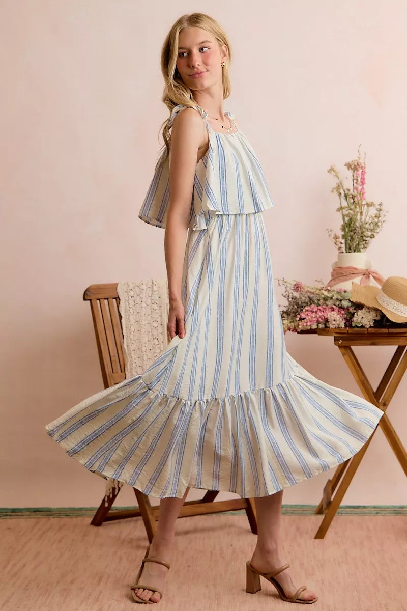 Stripe Shoulder Tie Midi Dress