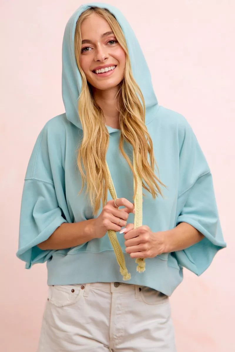 Washed Terry Short Sleeve Hooded Crop Top