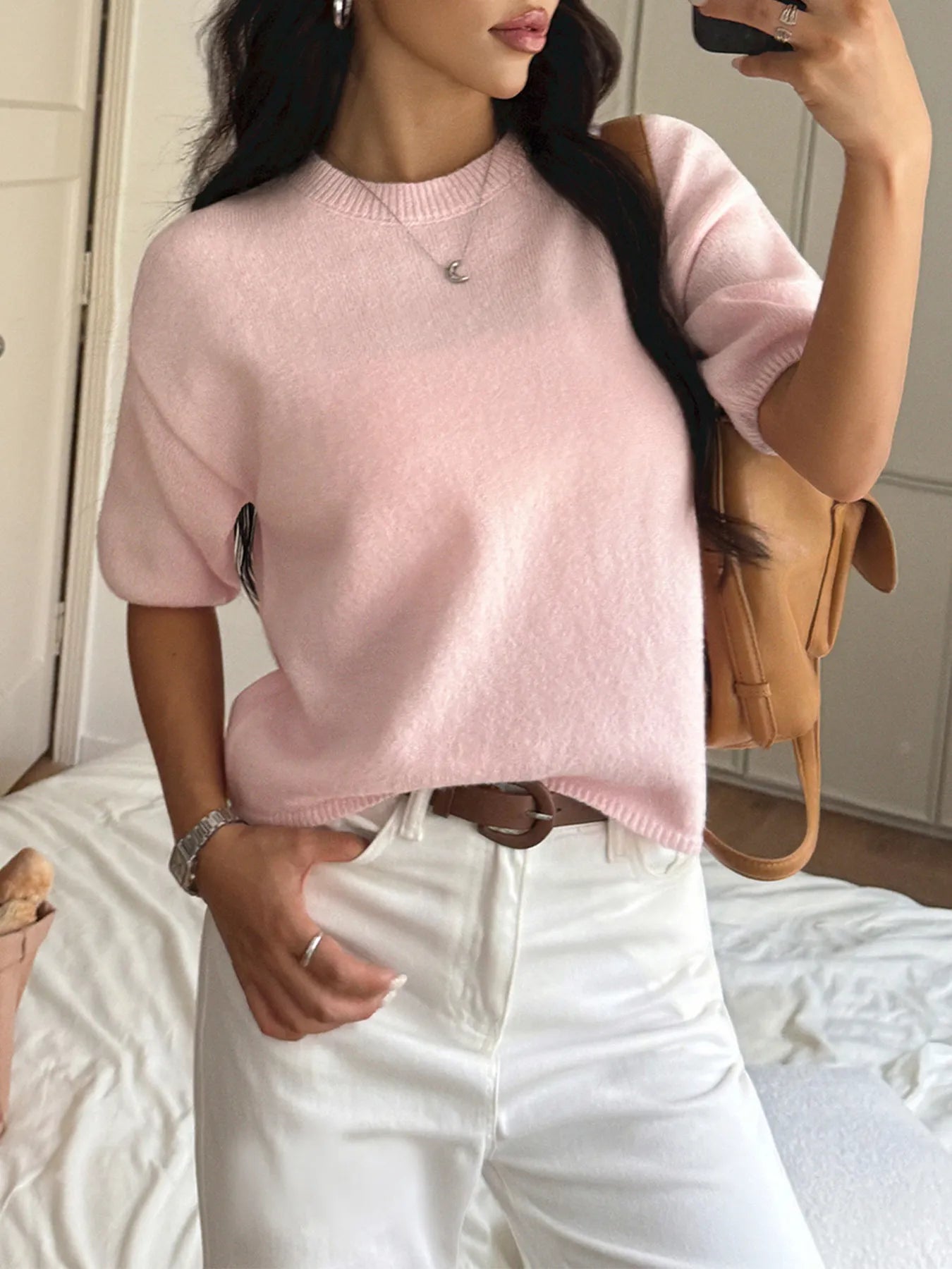 Ribbed Hem Round Neck Sweater - Detail View 5