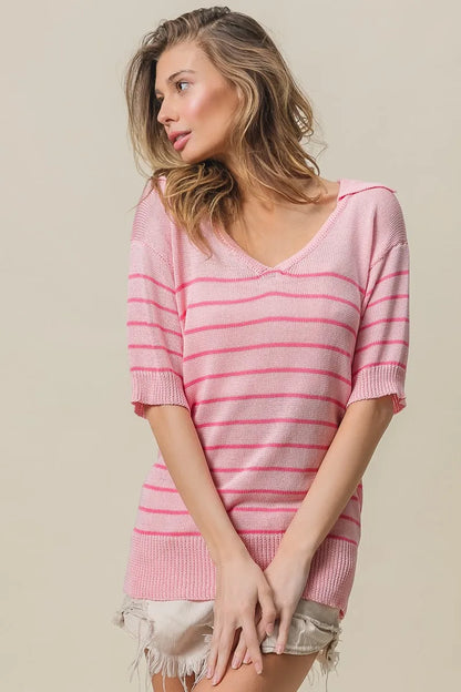 Pink Striped Collared V-Neck Sweater - Front View