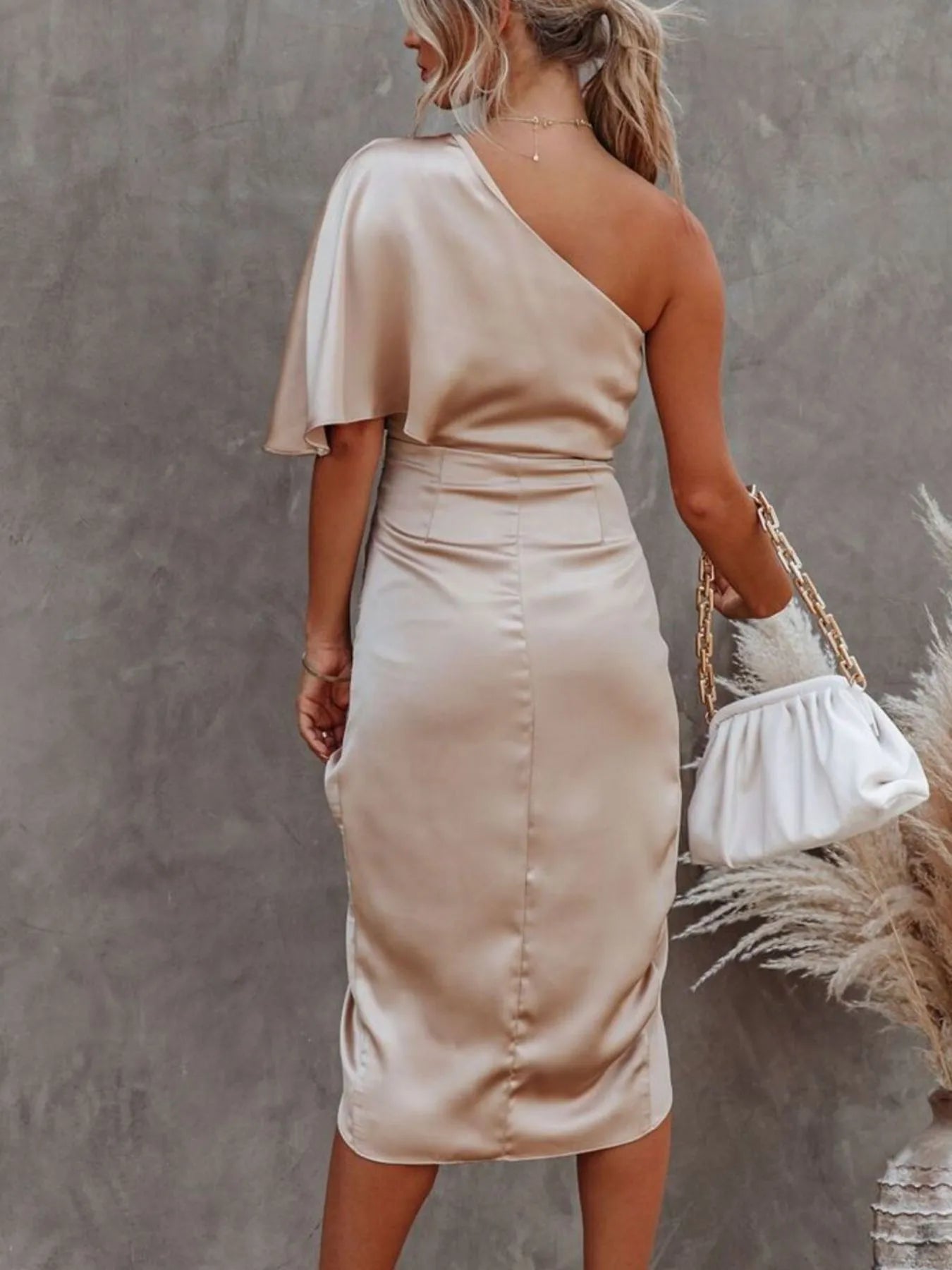 One-Shoulder Satin Wrap Dress