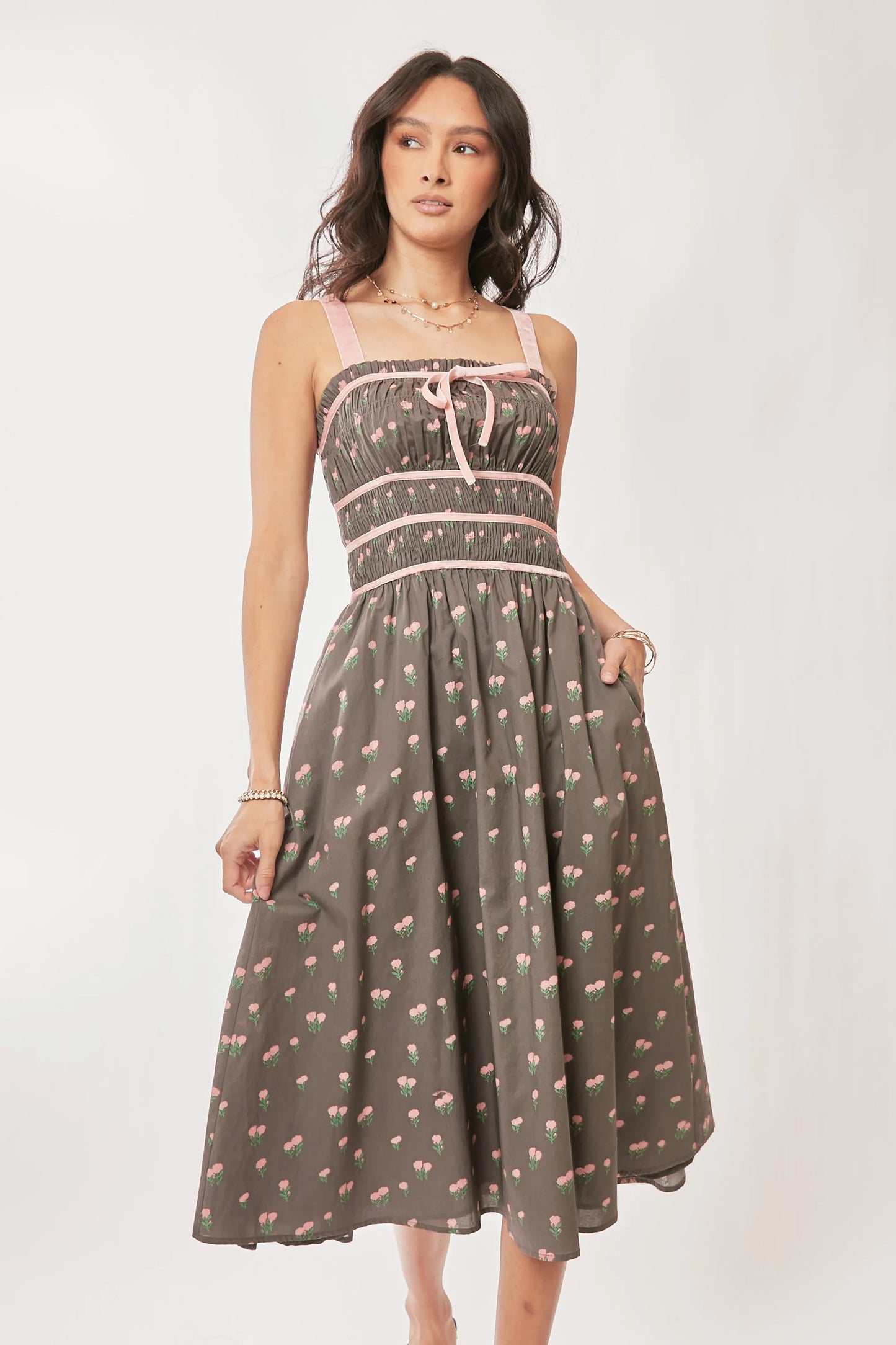 Women's Floral Print Smocked Midi Dress