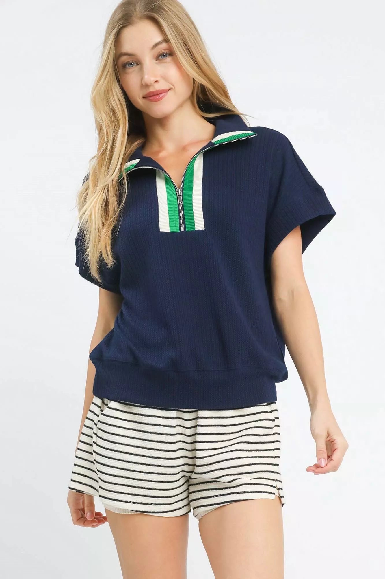 Textured Striped Zip Collar Knit Top - Front View