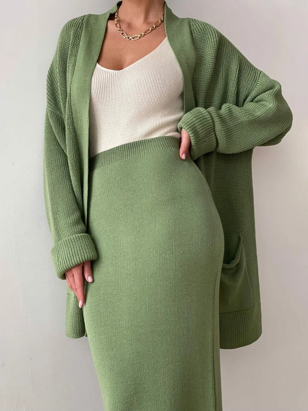 Open Front Cardigan and Midi Skirt Sweater Set