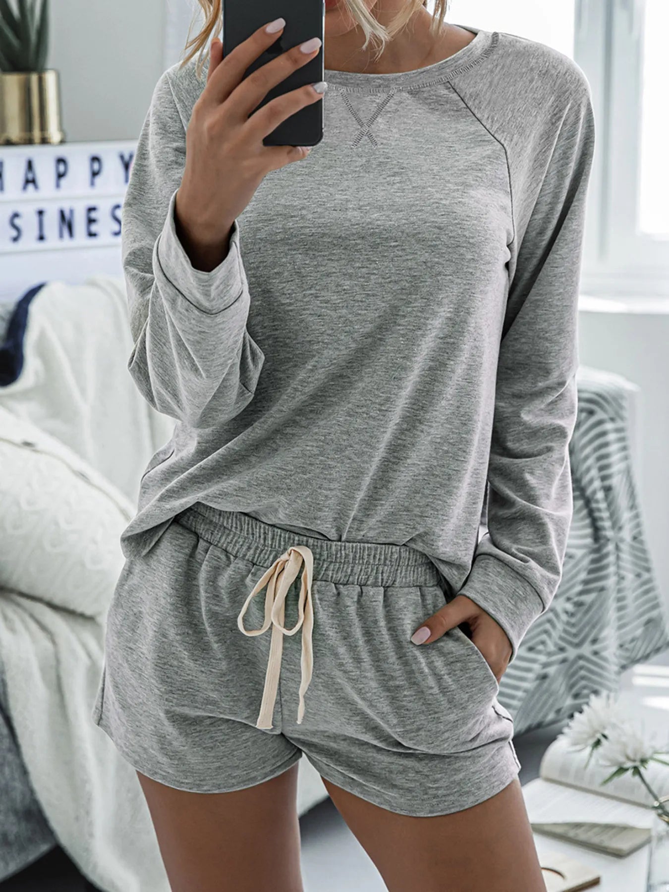 Raglan Long Sleeve Top and Shorts Lounge Set