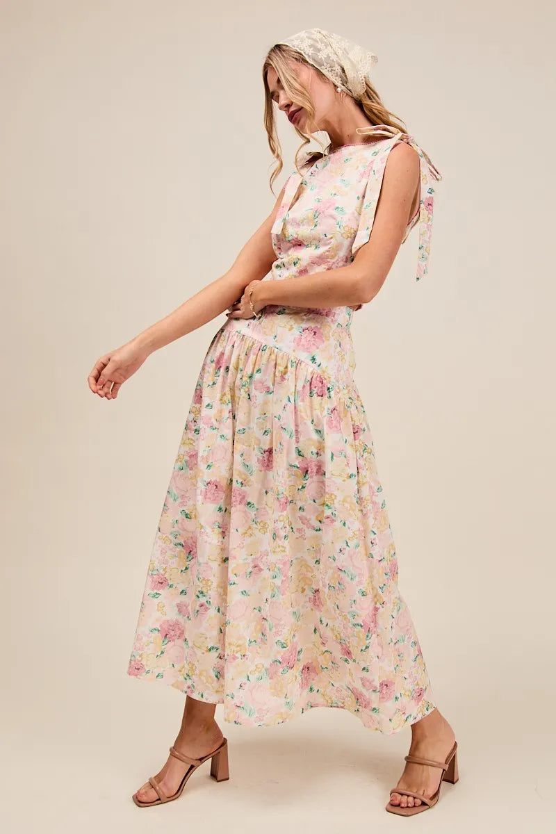 Floral Printed Shoulder Tie Top and Skirt Set