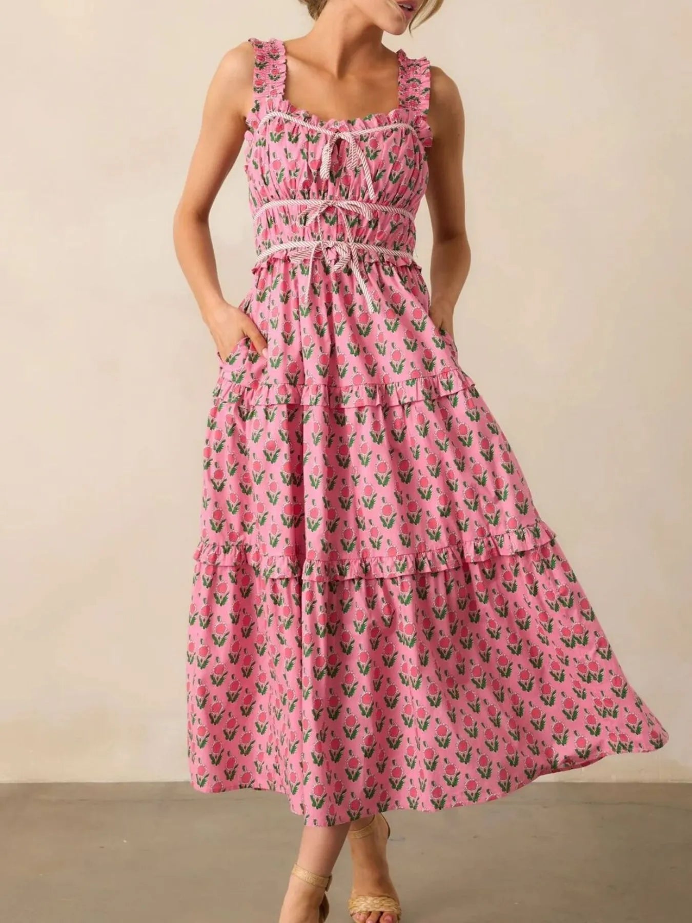 Southern Belle Pink Floral Midi Dress with Pockets