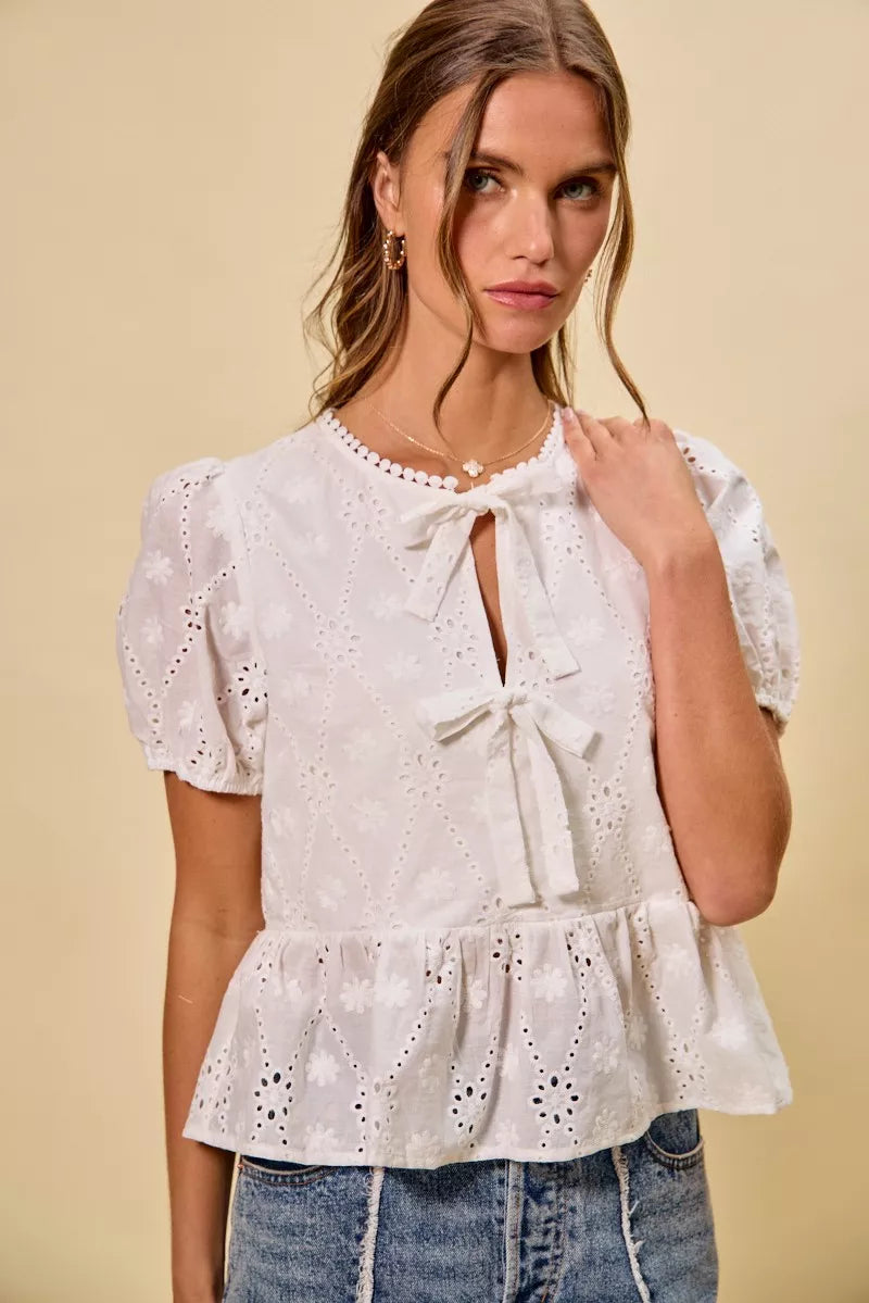 Eyelet Front Tie Blouse