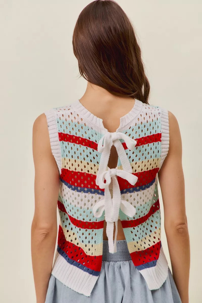 Tie Back Openwork Retro Stripe Tank Top