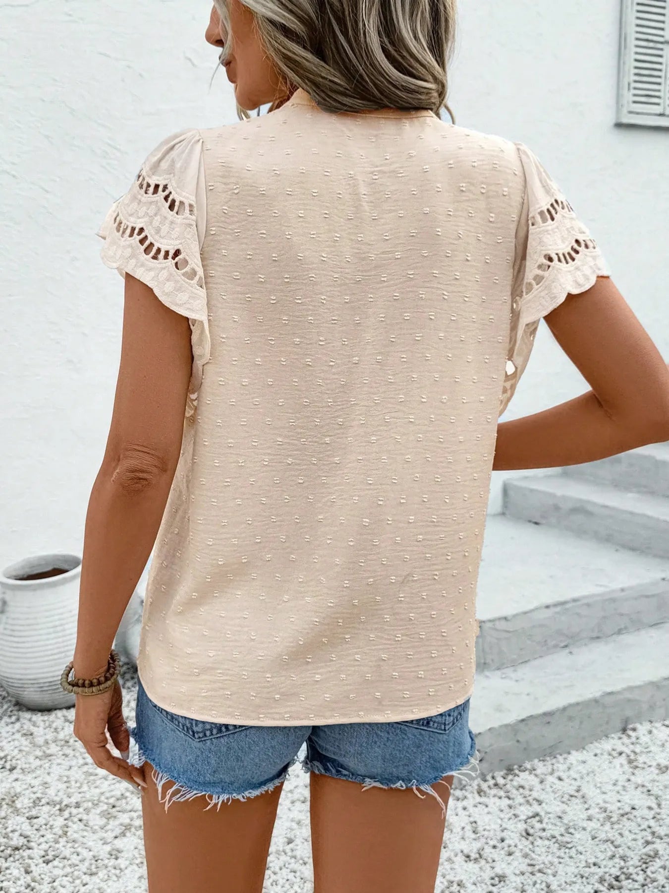 Swiss Dot Cutout Ruffle Blouse