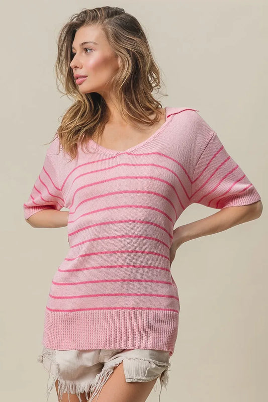 Pink Striped Collared V-Neck Sweater - Back View