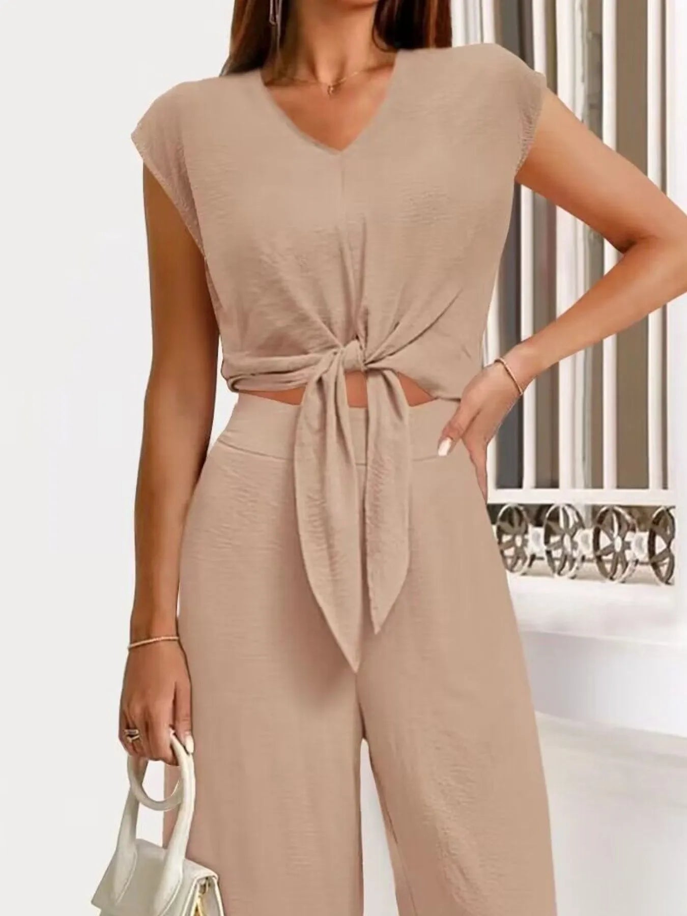 Casually Cool Tie Front Top and Wide Leg Pants Set