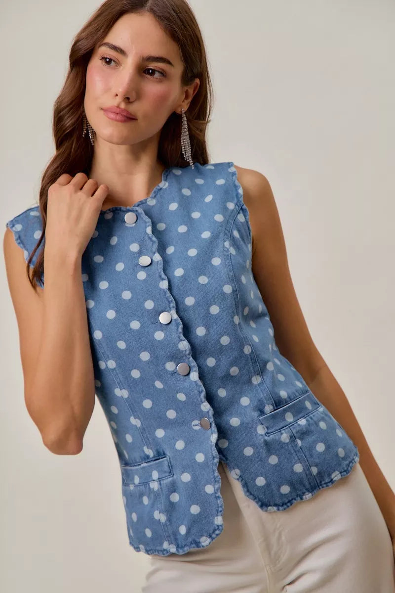 Dotted Denim Scallop Edge Button Down Vest Top