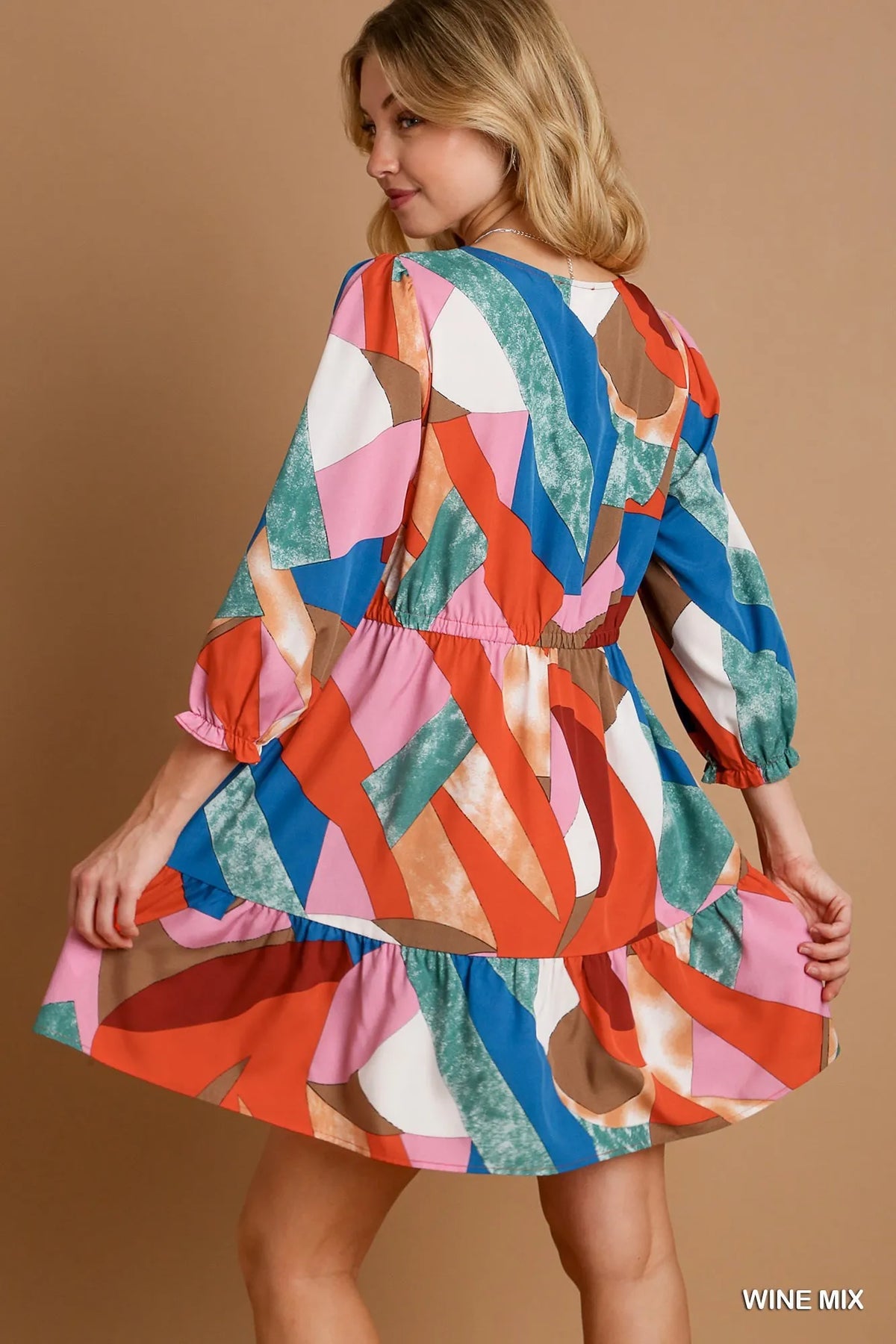 Abstract V-Neck Tiered Printed Dress - Detail View 4