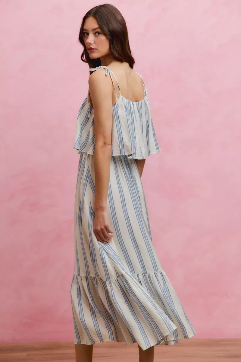 Stripe Shoulder Tie Midi Dress
