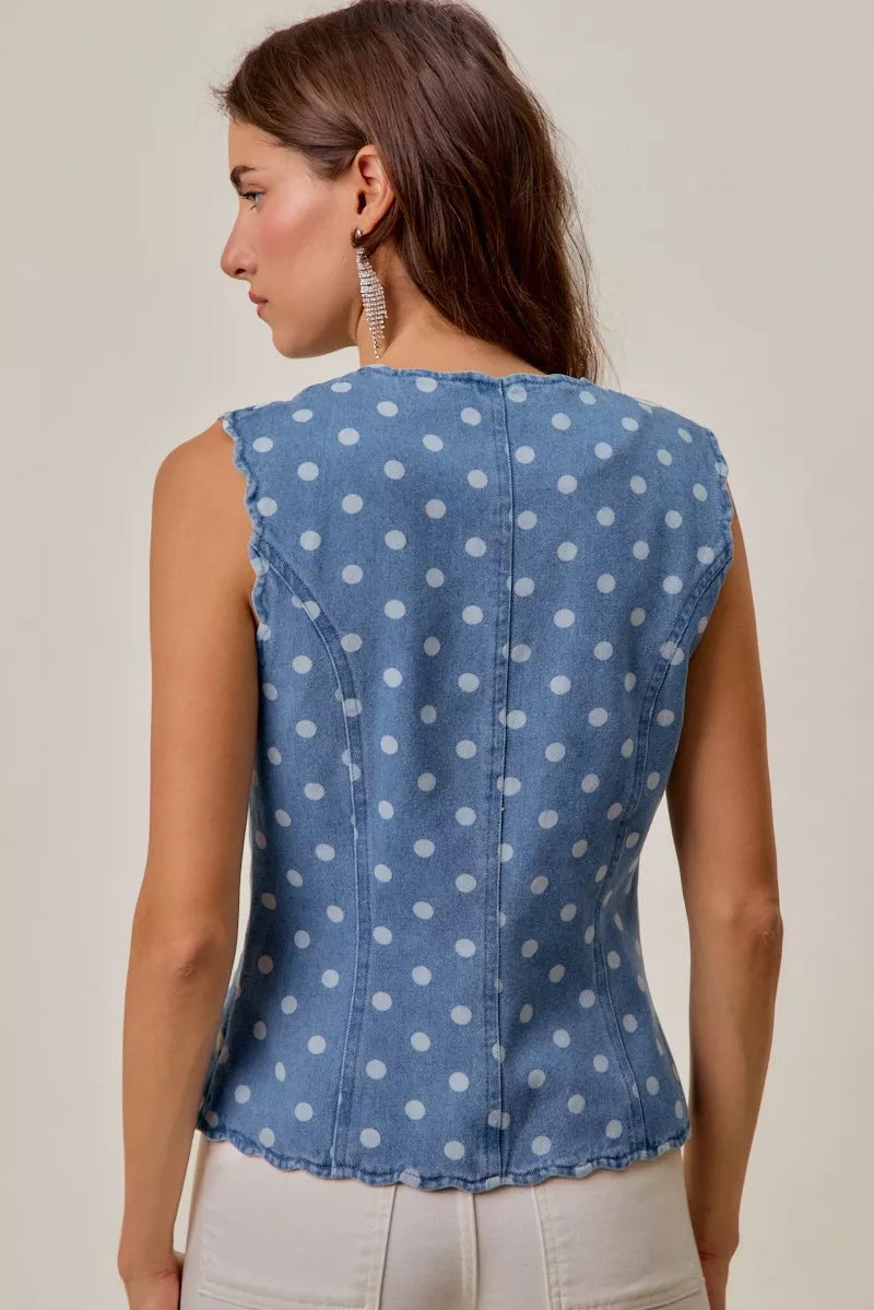 Dotted Denim Scallop Edge Button Down Vest Top