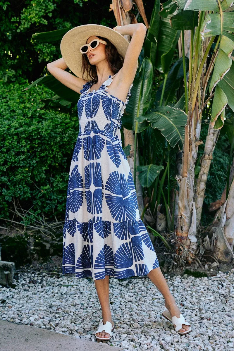 Smocked Tied-Back Summer Midi Dress