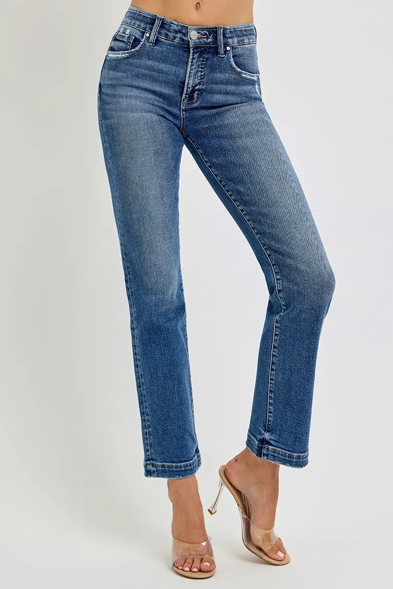 Tummy Control Mid-Rise Straight Jeans with Elastic Waistband