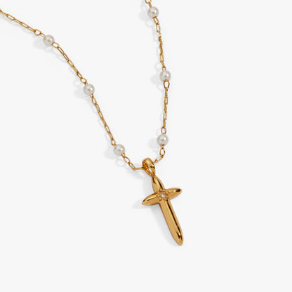 Cross 4:13 Pearl Rosary Chain Pendant Necklace - Alex and Ani - Side View
