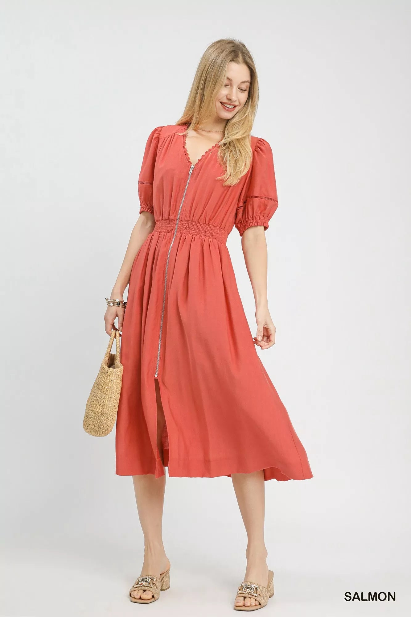 Zip-Front Smocked Waist Midi Dress