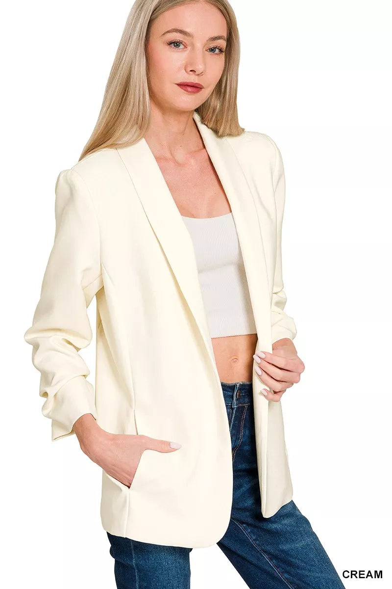 Ruched Sleeve Open Front Classic Blazer