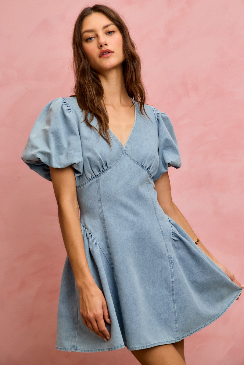 Puff Sleeves Fit-and-Flare Denim Mini Dress