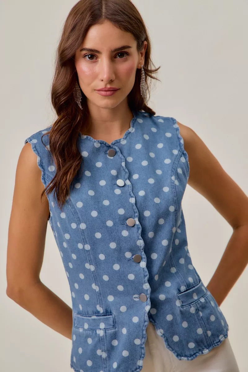Dotted Denim Scallop Edge Button Down Vest Top