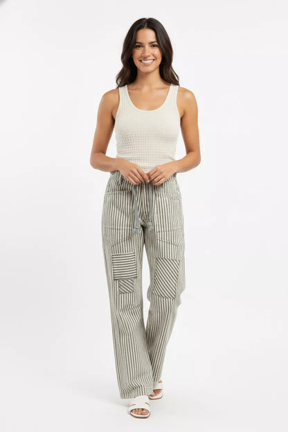 Drawstring Striped Twill Barrel Pants - Back View