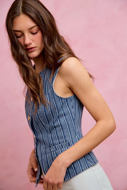 Stripe Slim Fit Denim Vest Top - Detail View 20