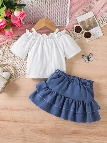 Cold-Shoulder Top and Ruffled Denim Skirt Set - Side View