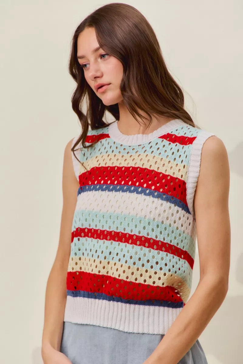 Tie Back Openwork Retro Stripe Tank Top
