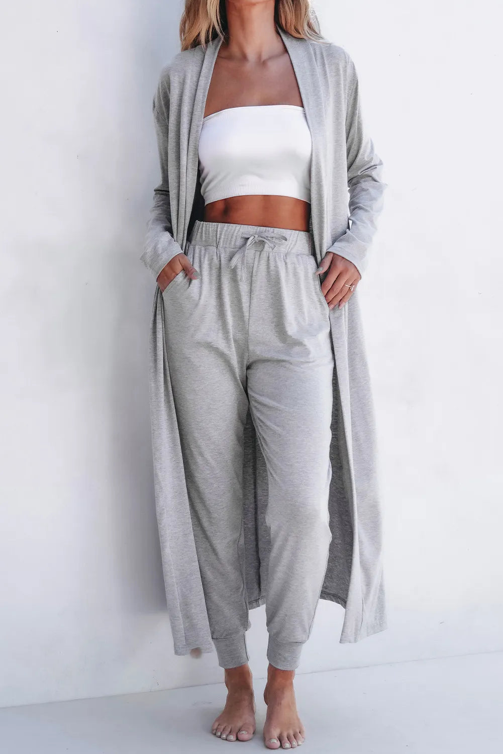 Open Front Cardigan and Pants Lounge Set