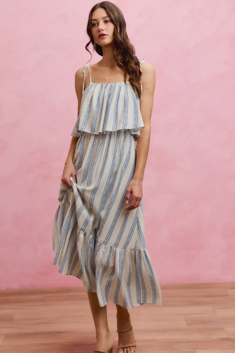 Stripe Shoulder Tie Midi Dress
