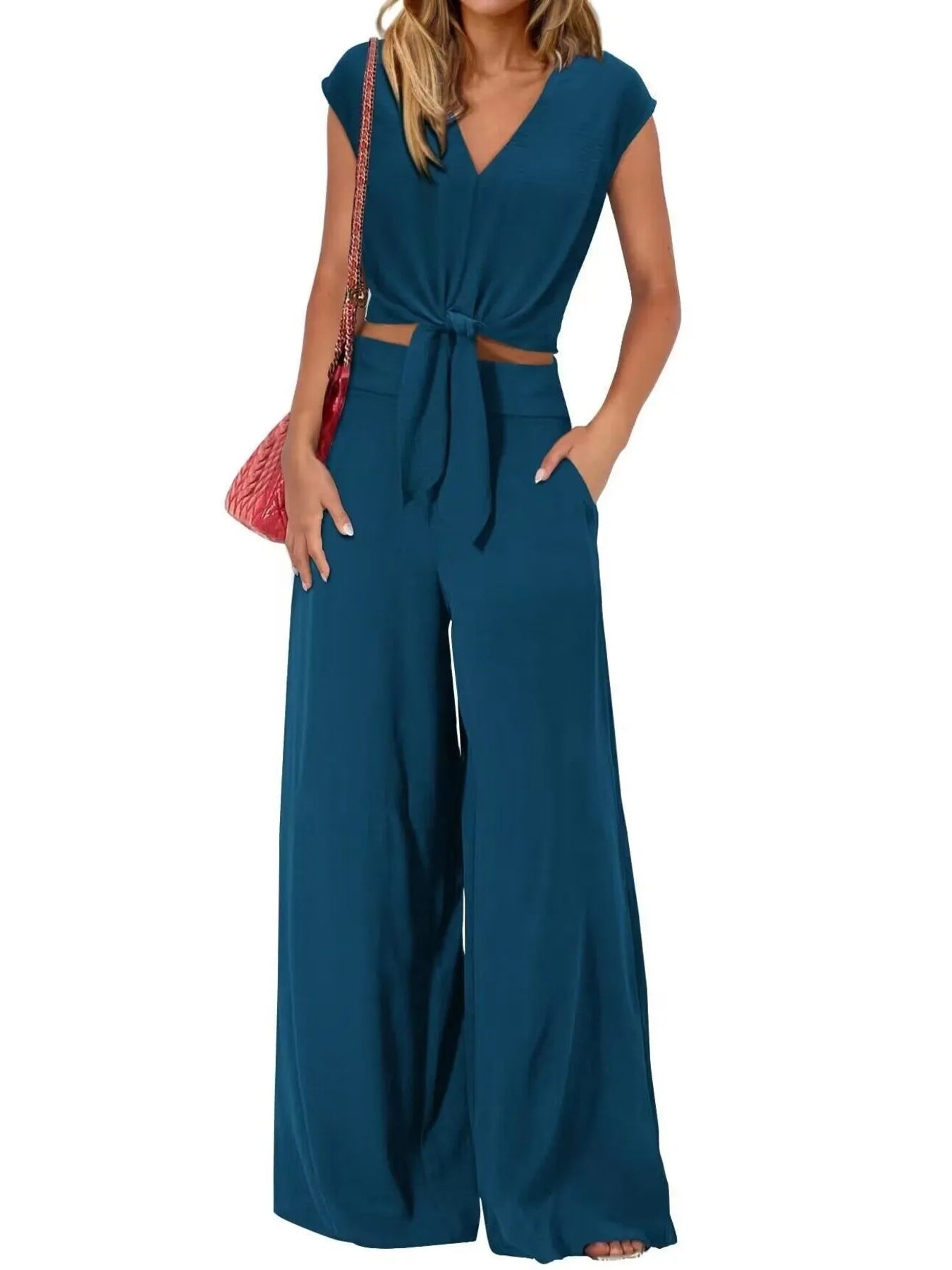 Casually Cool Tie Front Top and Wide Leg Pants Set