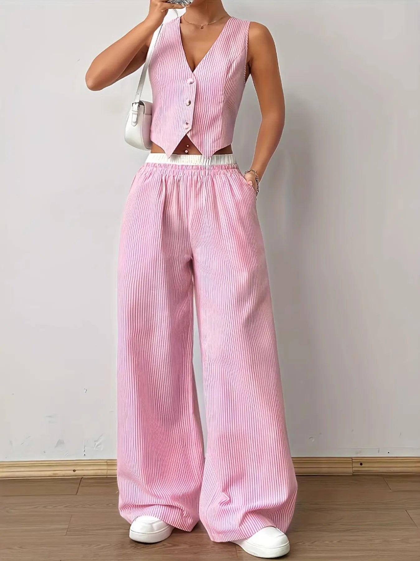 Striped Vest and Wide Leg Pants Set