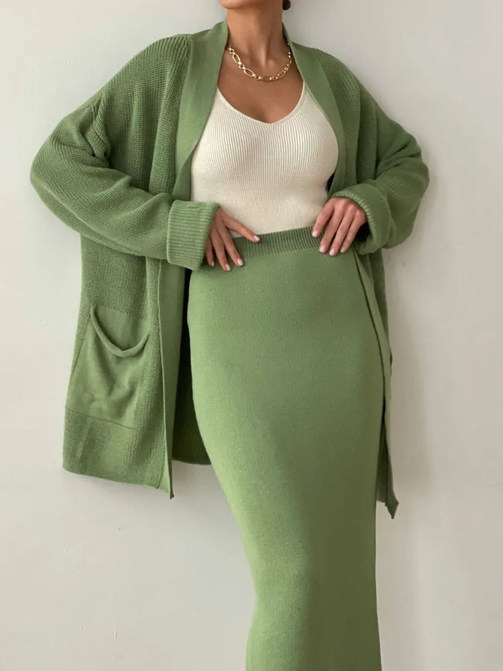 Open Front Cardigan and Midi Skirt Sweater Set