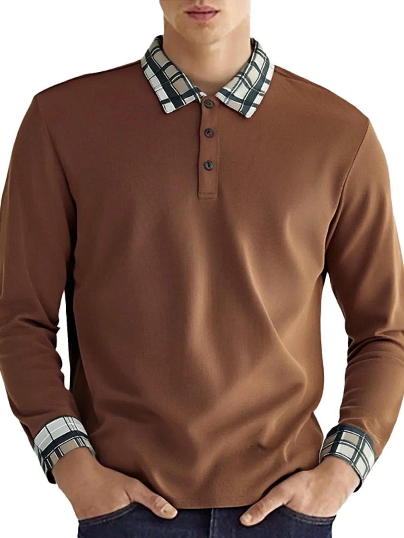Men's Contrast Plaid Collar Long Sleeve Polo