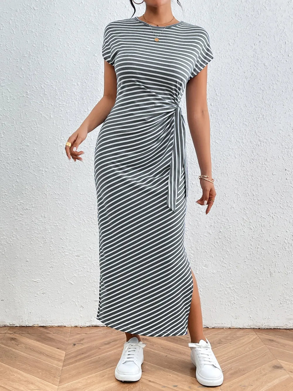 Side Tie Striped T-Shirt Dress