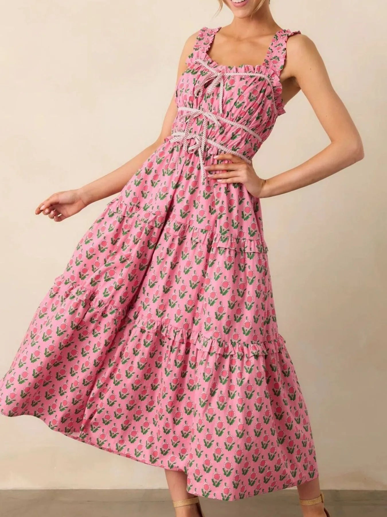 Southern Belle Pink Floral Midi Dress with Pockets