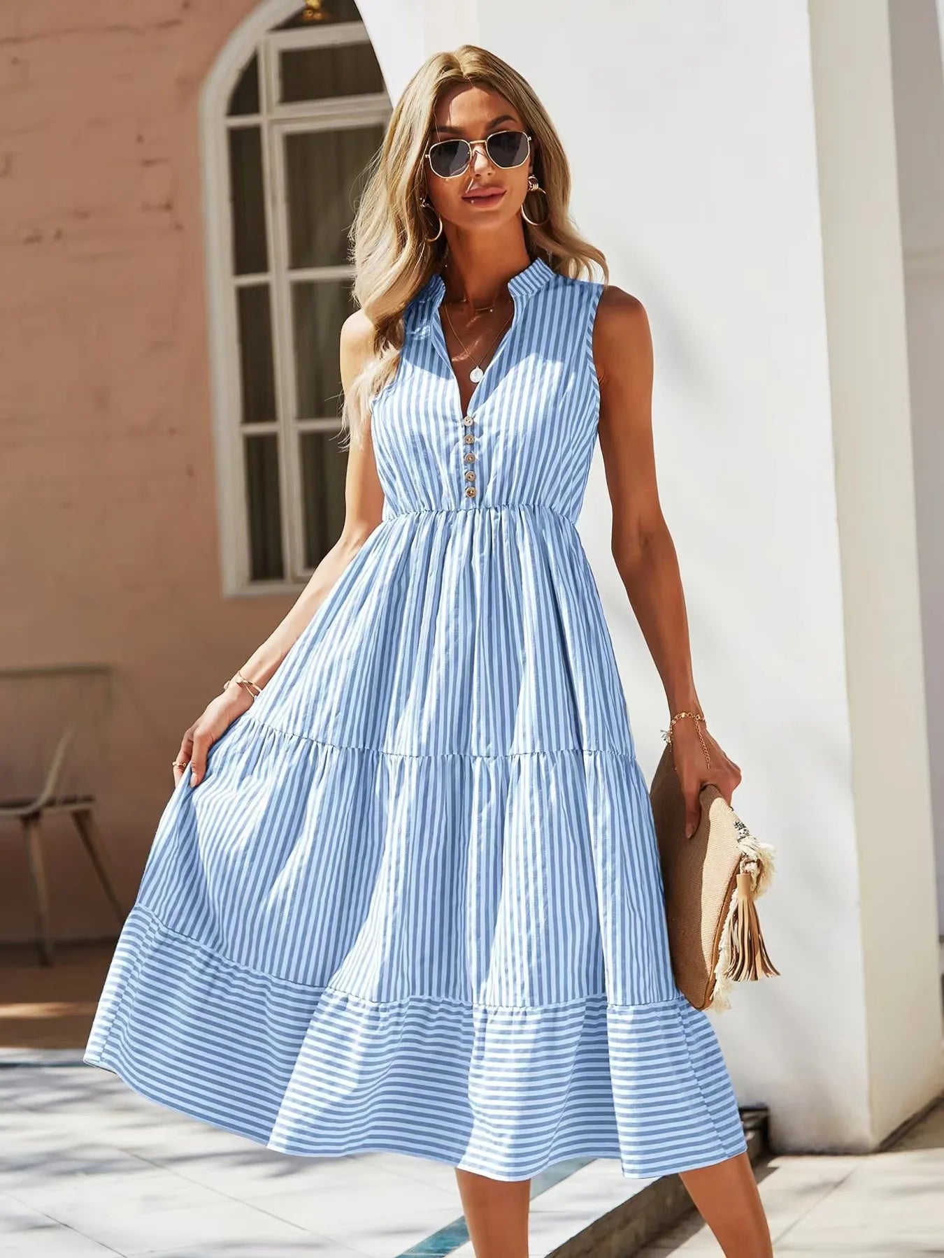 Coastal Striped Sleeveless Midi Dress