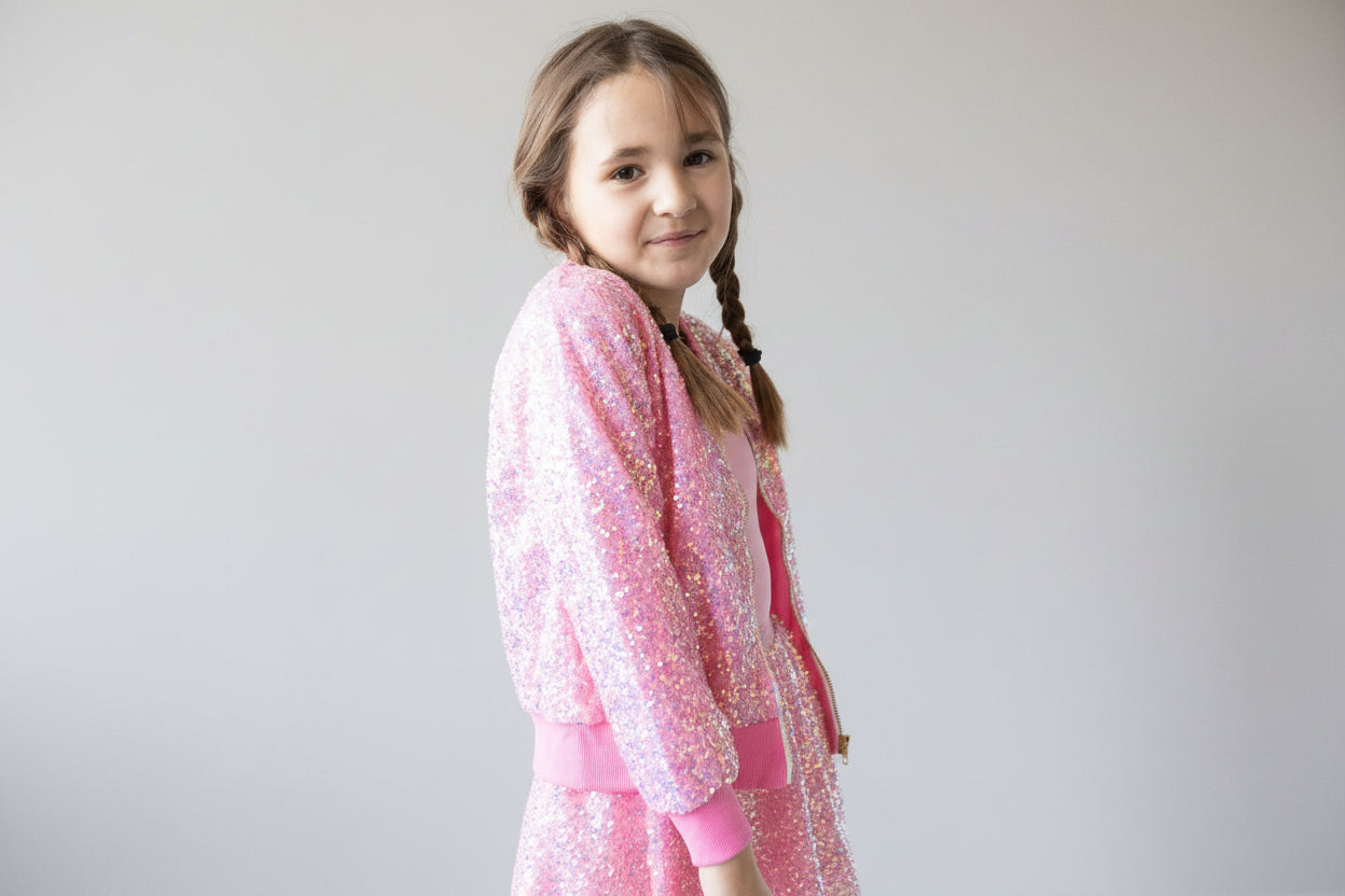 Young girl wearing a pink sequin outfit on a white background