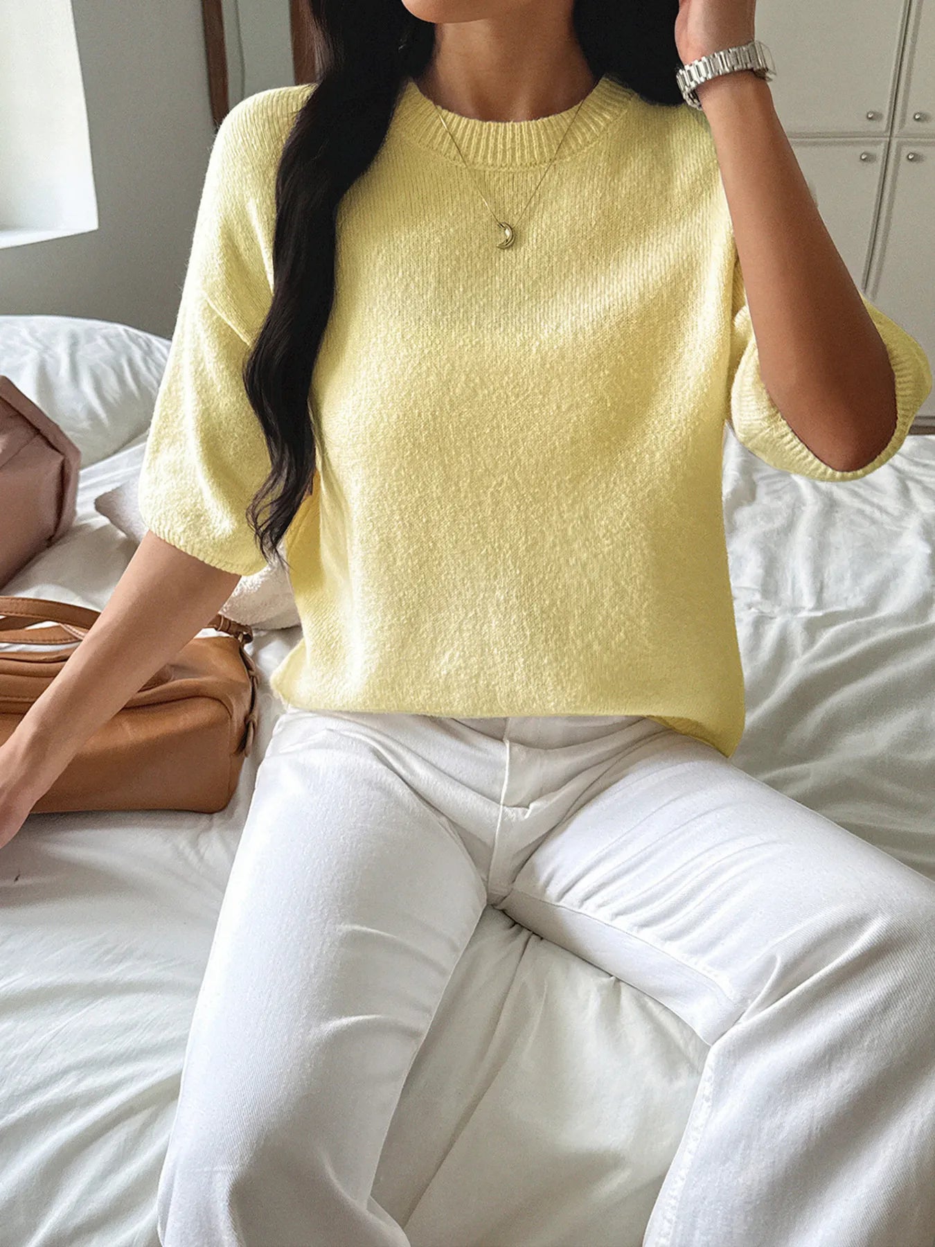 Ribbed Hem Round Neck Sweater - Detail View 9