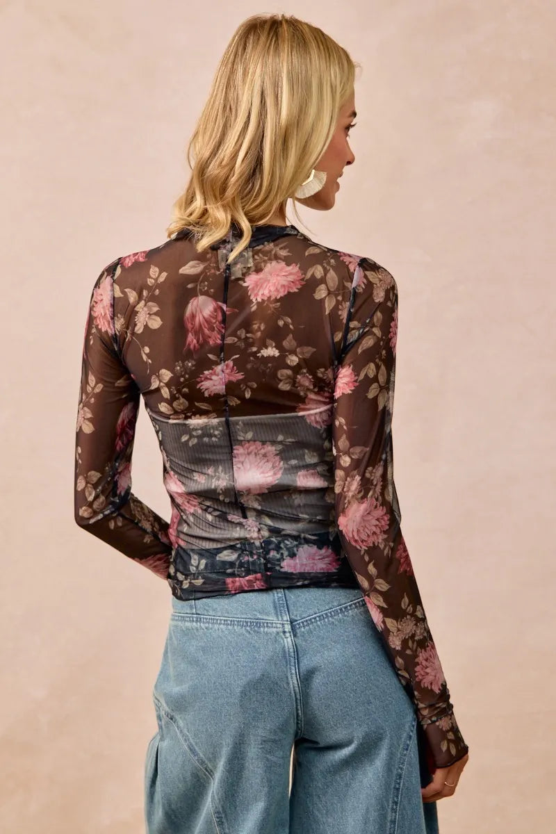 Flower Print Mesh Lace Top