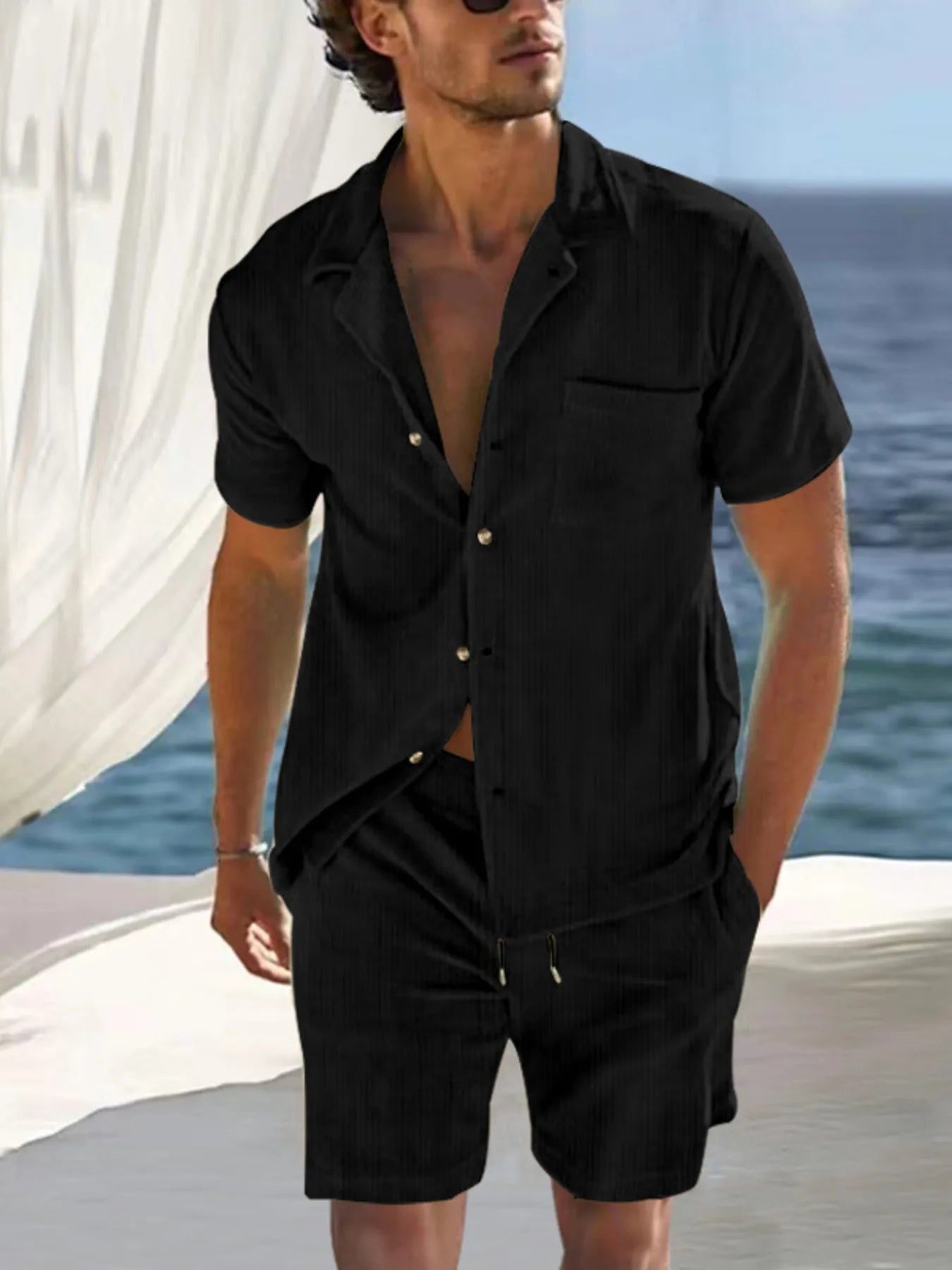 Men's Button Down Top and Shorts Set