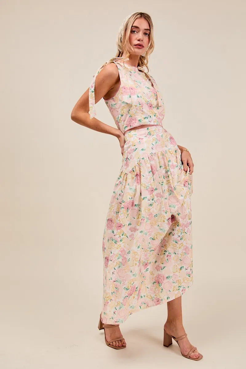Floral Printed Shoulder Tie Top and Skirt Set