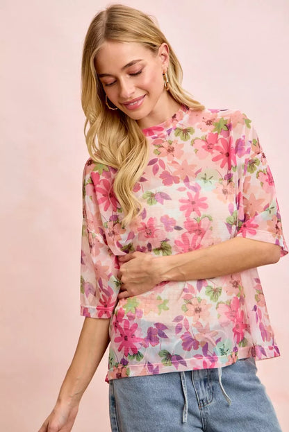 Floral Print Short Sleeves Boxy Mesh Top - Detail View 5