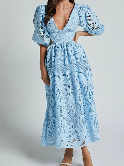Cutout Back Lace Crochet V-Neck Dress - Detail View 5