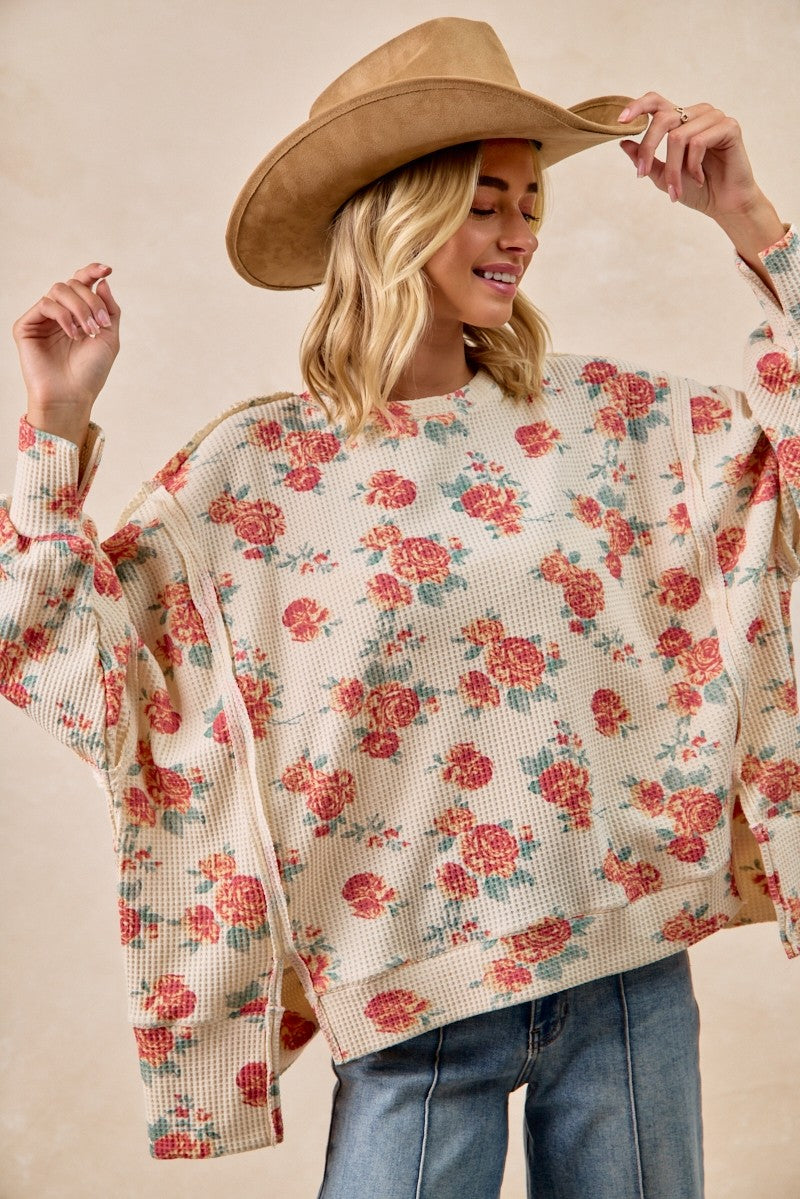 Floral Print Exposed Seam Waffle Knit Top
