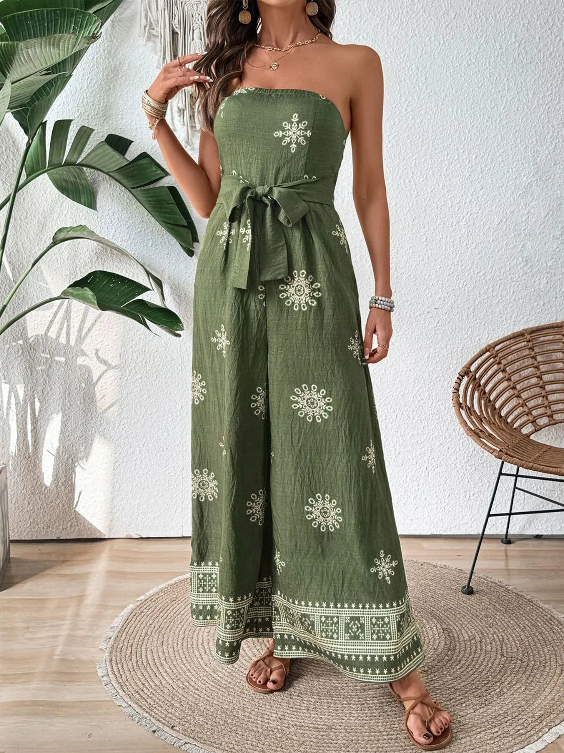 Boho Wide Leg Strapless Jumpsuit