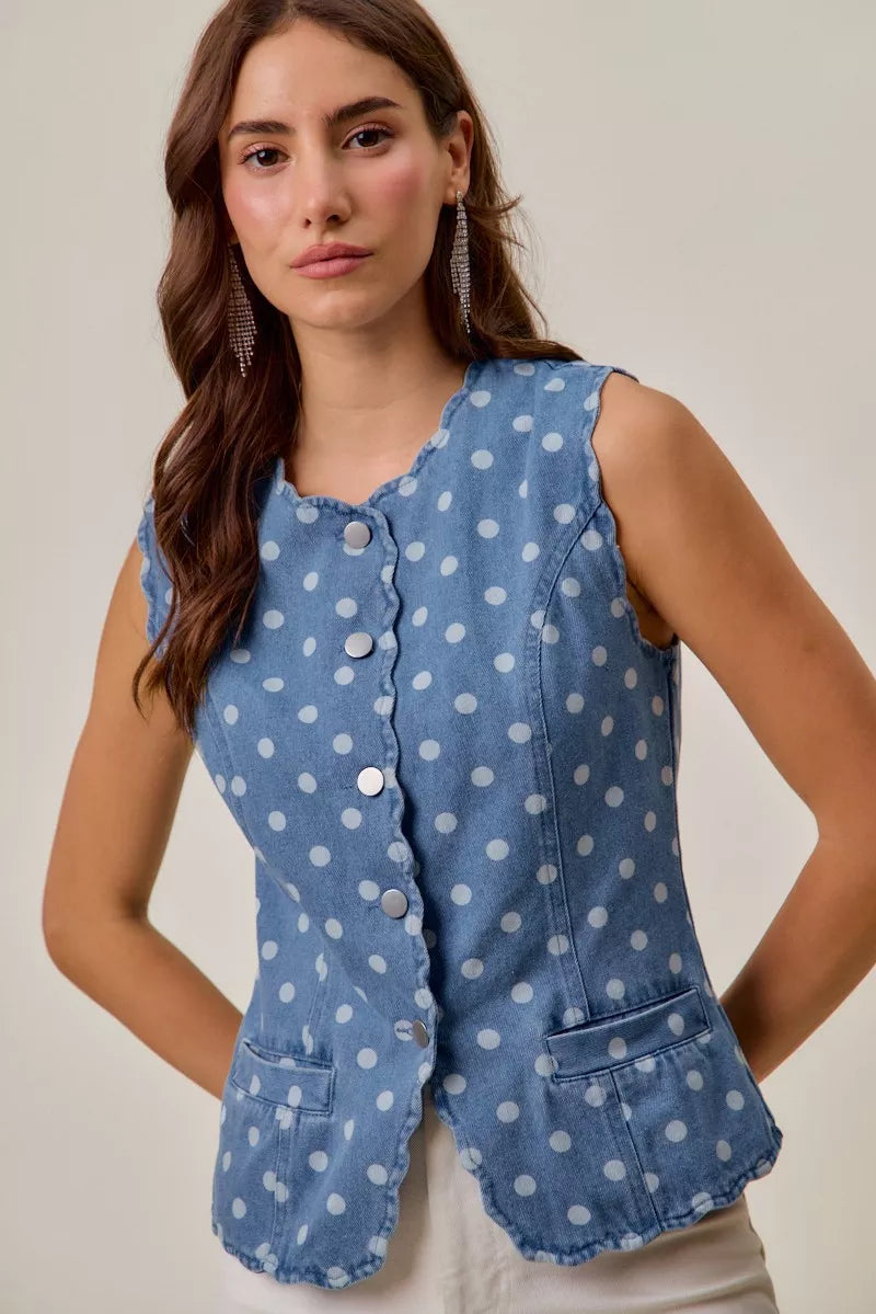 Dotted Denim Scallop Edge Button Down Vest Top